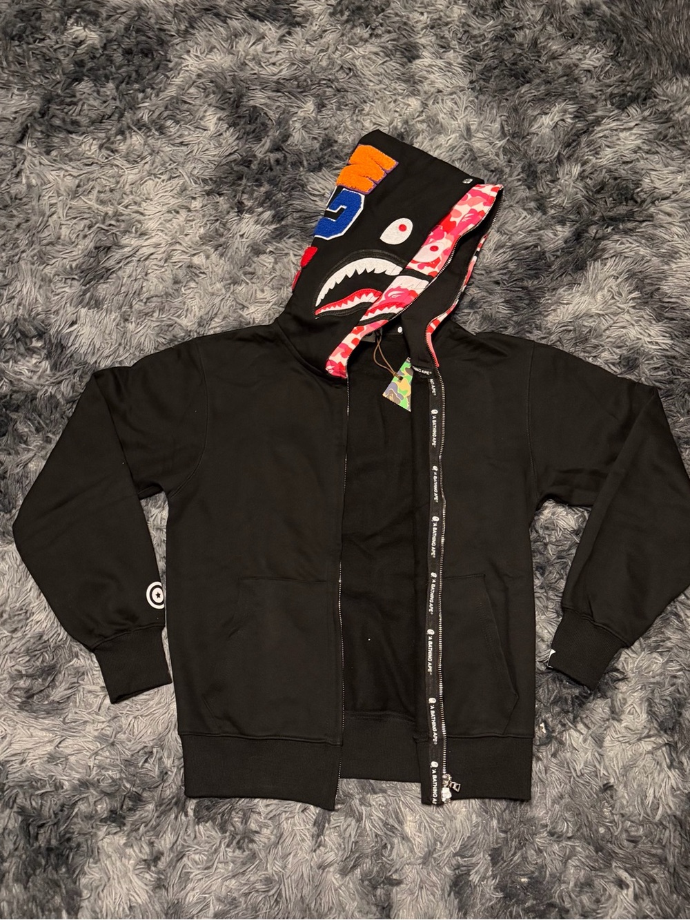 Bape Black Shark Hoodie with Multicolor Logo Accents